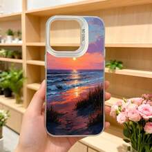 Funda para iPhone con diseño de puesta de sol en la playa color rosa y naranja estampado paisaje marino para uso diario y ocasiones especiales Aplicable a los teléfonos de la serie Apple y Galaxy - Negro - Ver 5
