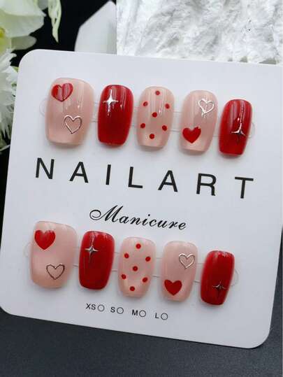 Juego de 10 piezas de arte de uñas hecho a mano, en forma de trapecio corto de color rojo, con temas de belleza y fragancia, manicura francesa, manicura postiza, manicura de Año Nuevo, manicura de San Valentín, manicura con lámpara UV, manicura de verano, manicura usable, diseño elegante y sofisticado, estilo francés de alta gama.