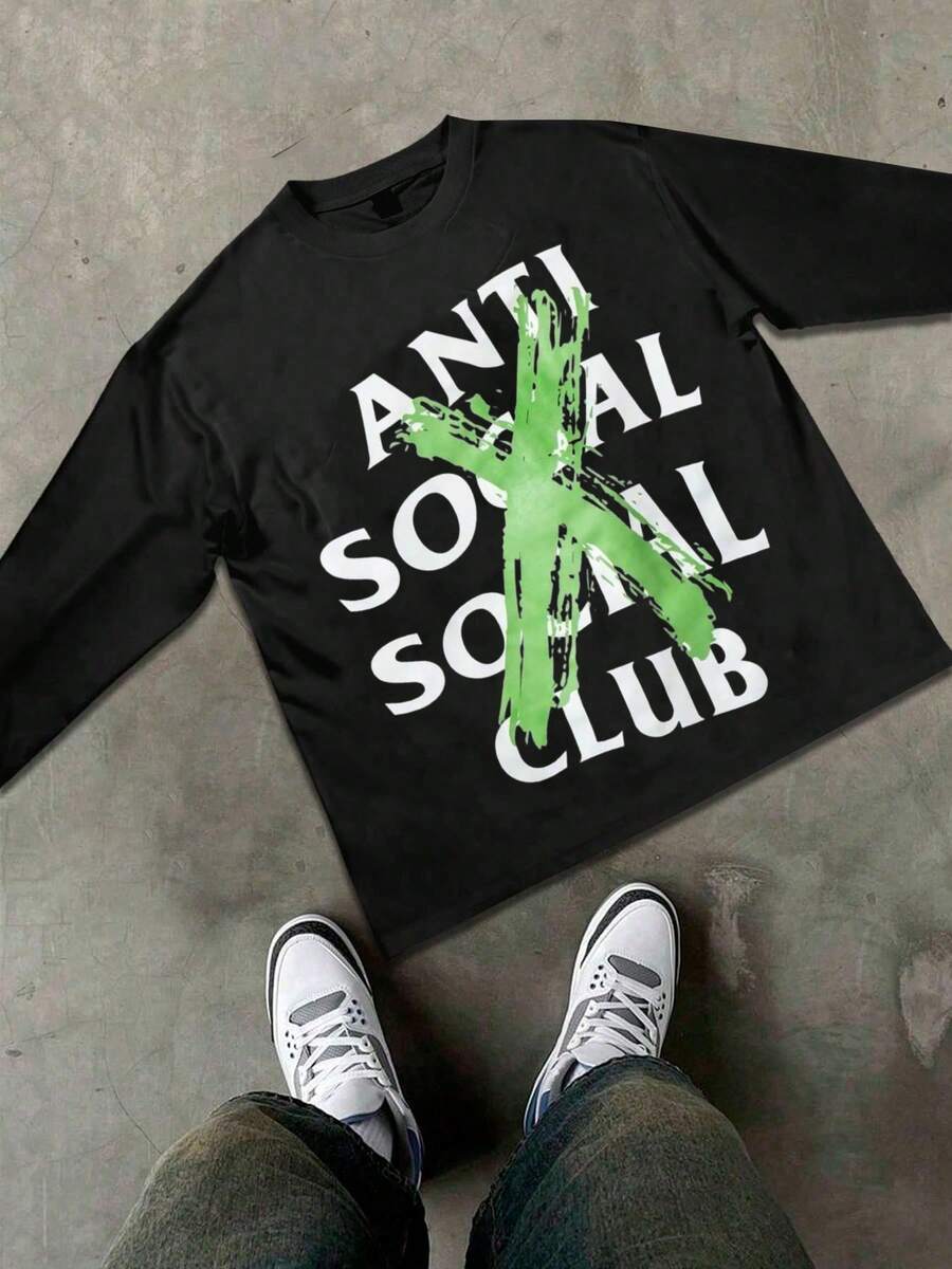 Men's Basic Long-Sleeve T-Shirt | Anti Social Club Graphic T-Shirt | Green Cross And White Lettering Design | 100% Cotton | Soft And Comfortable | Suitable For Everyday Wear | Men's Gift | Unisex Crew Neck | Made In The USA | Factory Direct - 黑色 - 查看 1