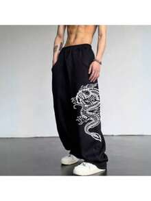 Men's Baggy Dragon Sweatpants, Streetwear, Comfortable, Premium Style, Loose Fit, Casual - 黑色 - 查看 1