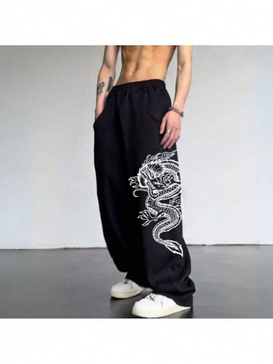 Men's Baggy Dragon Sweatpants, Streetwear, Comfortable, Premium Style, Loose Fit, Casual - 黑色 - 查看 1