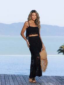 Women's Elegant Summer Resort Set In Cropped Lace Knit Top And Long Skirt With Sheer Detail - 黑色 - 查看 3