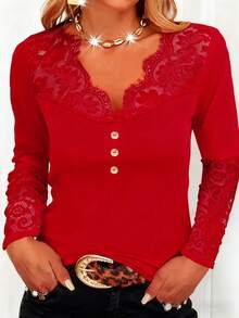 Áo thun dài tay phối ren cỡ lớn, kiểu dáng thường ngày mùa thu xuân. - Đỏ - Xem 1