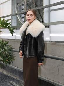 Giolshon 女士秋冬 PU 连帽抽绳外套，带毛领，优雅舒适，适合通勤。 - 黑色 - 查看 3