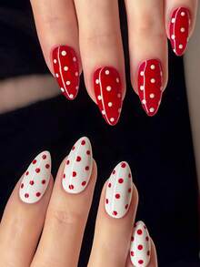 24片杏仁形美甲贴纸套装，瞬间提升您的美甲造型！经典优雅的红白波点设计，时尚的红白撞色纯色波点图案美甲贴纸，全覆盖式假指甲贴纸，适合女性和女孩。套装包含1张贴纸和1个迷你指甲锉，采用果冻凝胶材质，随机发货。 - 紅白色 - 查看 1