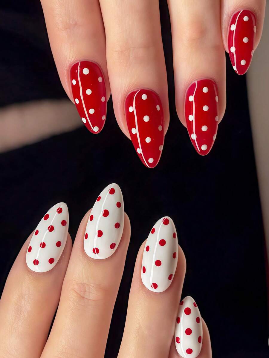 24片杏仁形美甲贴纸套装，瞬间提升您的美甲造型！经典优雅的红白波点设计，时尚的红白撞色纯色波点图案美甲贴纸，全覆盖式假指甲贴纸，适合女性和女孩。套装包含1张贴纸和1个迷你指甲锉，采用果冻凝胶材质，随机发货。 - 紅白色 - 查看 1