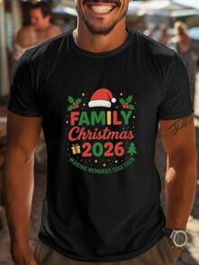 Camiseta de Navidad a juego para hombres 2026 - Camiseta casual de manga corta con cuello redondo y estampado de Santa, bastón de caramelo y acebo, transpirable para todas las estaciones para fotos familiares, fiestas y reuniones (Negro/Verde/Rojo) - Lavable a máquina - Negro - Ver 2