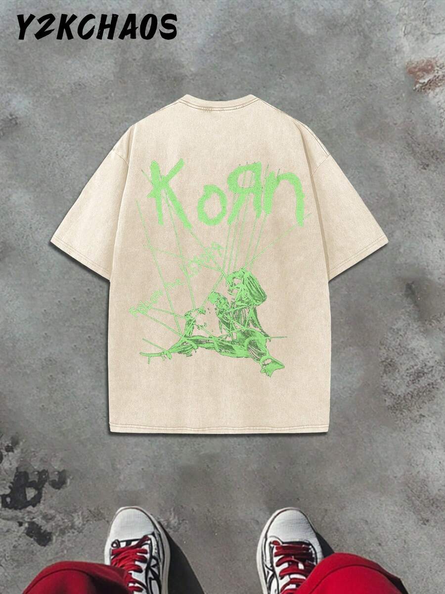 Y2KCHAOS Vintage Band Tee For Men And Women – Dark Gray Cotton T-Shirt With Korn Logo And Grunge Graphic Print, Distressed Rock Music Design, Perfect For Hardcore Fans And Alternative Fashion Lovers – Vintage Style (250 Washed Cotton T-Shirt) Manfinity - 杏色 - 查看 1