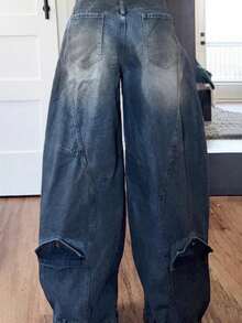 HERTALK Plus Size Daily Blue Asymmetric Button Pocket Washed Denim Jeans - 藍色 - 查看 2