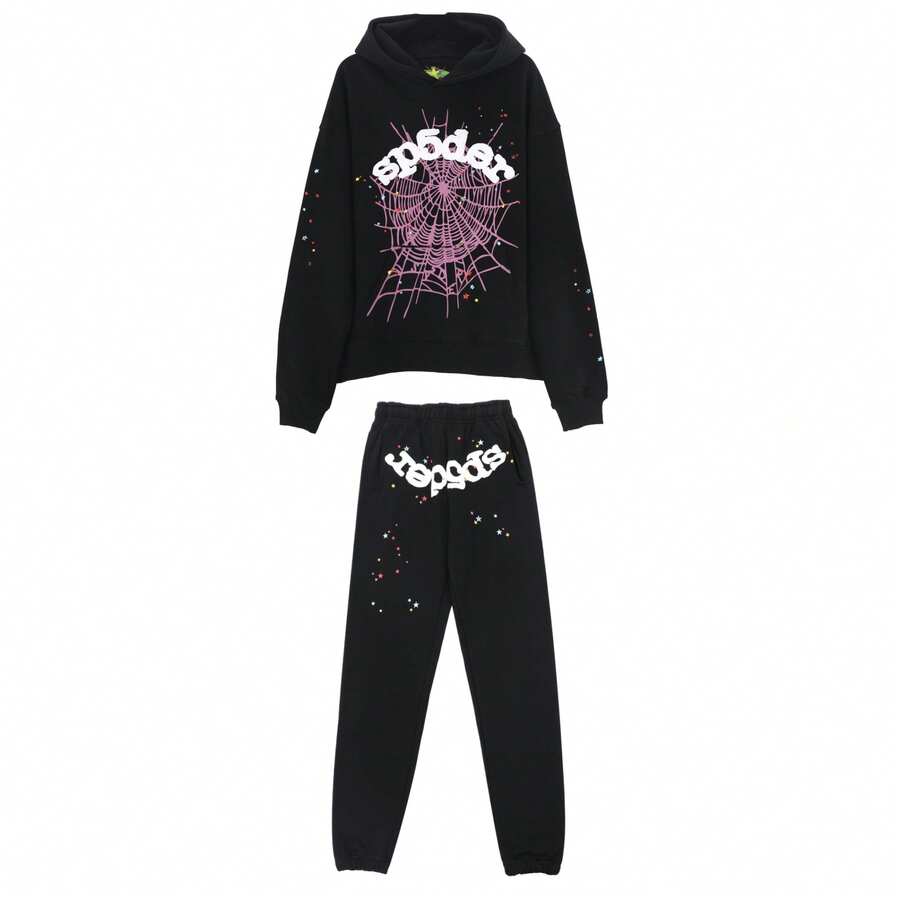 Y2K Spider Hoodie Set For Women Fashion Cobweb Spider Hoodie And Pant Matching Sweat Set Casual Athletic Suit - màu đen - Xem 1