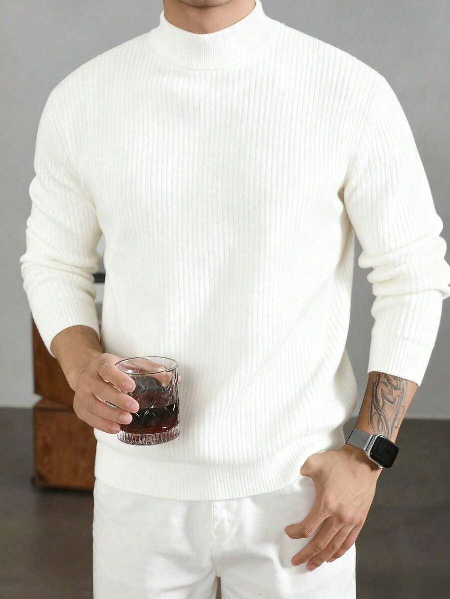Men's Casual Ribbed Turtleneck Sweater, Suitable For Commuting And Layering, Autumn/Winter - White - View 1