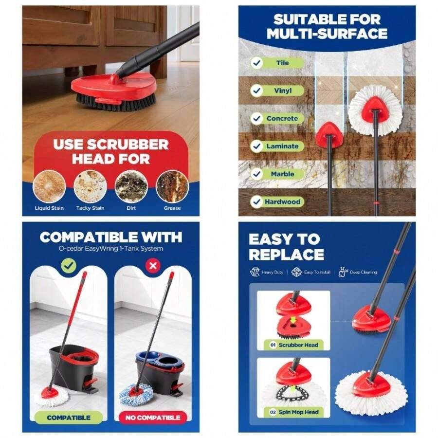 4 - In - 1 Mop Heads Replacements O Cedar EasyWring 1 System, Includes 1 Base 1 Scrub Brush 2 Spin Mop Heads, Full Set Mop Replace Heads Cleaning Home, Bathroom Kitchen - 1個底座+1個刷頭+2個旋轉刷頭 - 查看 1