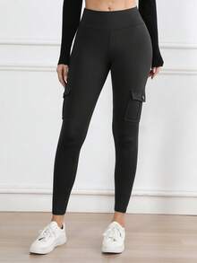 3pcs Women's Outdoor Cargo Pockets Skinny Pants, Washed & Camouflage Print High Waist Tight Leggings For Sports, Casual, Fitness