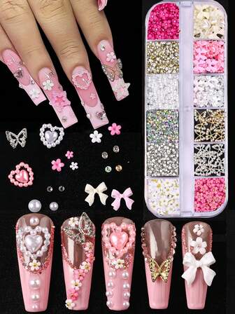 95件3D美甲饰品和宝石套装，包括20个厚蝴蝶饰品、75个精美蝴蝶结和爱心饰品，以及Y2K风格美甲装饰，含3D花朵美甲贴、水钻、珍珠、钻石和美甲工具