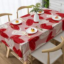 This Valentine's Day Tablecloth Is Made Of Mixed Polyester Fabric In A Rectangular Design, Featuring Hand-Painted Pink And Black/Red Heart Patterns And "Love" Text. It Is Versatile For Use In Homes, Living Rooms, And Cafes. - Multicolor - View 15