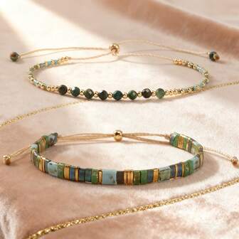 2PCS Fashion Elegant Retro Bohemian Style TL Bracelet, Square Glass Bead Bracelet, Bead Bracelet, Elastic Bead Bracelet, Drawstring TL Bracelet, Stackable Bracelet, Best Friend Bracelet, Couple Bracelet, Women's Bracelet, Birthday Gift, Lucky Gift, Family Gift, Friend Gift, Birthday Gift, Couple Gift, Women's Gift, Best Gift