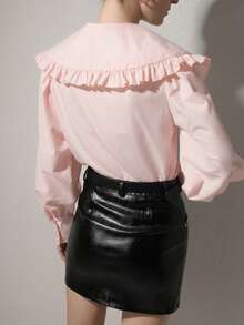 Elegant Women's Solid Color Peter Pan Collar Bishop Sleeve & Ruffle Detail Fashion Long Sleeve Blouse, Versatile For Commute, Casual, Minimalist, Spring/Summer/Autumn/Winter, Suitable For New Year, New Year's Eve, Valentine's Day, Date, Party, Business Office, Romantic Valentine's Day - Baby Pink - View 12