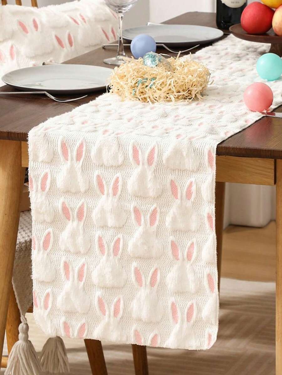1pc Easter Decorative Table Runner, Pink Rabbit Plush Table Runner, Minimalist Rectangular Dining Table Runner, Tea Table Runner, Suitable For Easter Decoration, Party, Family Dinner, Home Decor - White - View 1