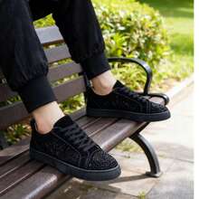 Men's Shiny Diamond Decor Low-Top Round Toe Breathable Stylish High-End Casual Leather Shoes, Non-Slip Red Bottom, Versatile Personalized Sneakers Suitable For Youths, Stage, Party, Outdoor, Travel - Black - View 4