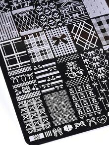 1pc Geometric Line Grid Nail Art Stamping Plate, Elegant Bow & Cherry Pattern Steel Nail Art Template, DIY Printing Nail Art Tool Accessory, Nail Art Supplies - Silver - View 5