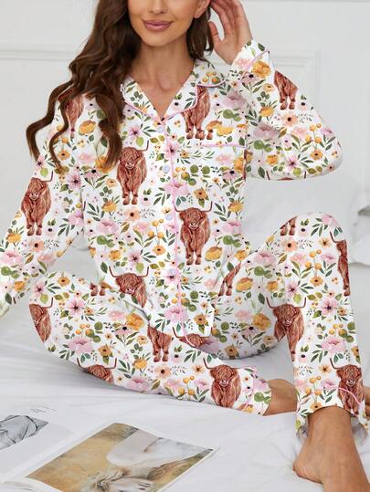 Marira 2pcs Autumn/Winter Plaid Cow & Floral Print Pajama Set For Women, Comfortable Long Sleeve Lapel Button-Up Shirt With Chest Pocket And Relaxed Elastic Waist Pants, Sleepwear For Holiday Party, Soft Fabric For Casual Outdoor & Home Wear, Fall Clothes