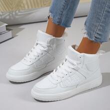 Women's White High-Top Sneakers, Versatile Casual Shoes, Lace-Up Round Toe Comfortable Footwear