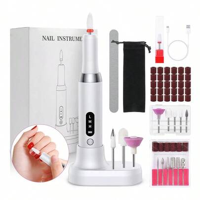 CASALIVA Pulidor Esmeril Drill para Uñas Profesional,18000RPM Taladros Eléctricos para Uñas Multifuncional,Kit Pulidora para Uñas de 3 Velocidades con 12 Cabezales de Lijado y 36 Bandas de Lijado para Manicura y Pedicura