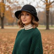 Womens Cloche Hats Stylish Solid Color Decorative Bow Bucket Hat Round Top Short Brim Church Cap - 黑色 - 查看 4