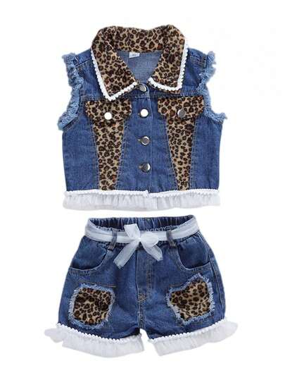 Baby Girlacute;S Summer Outfit Sets Sleeveless Leopard Print Denim Top + Leopard Print Denim Shorts
