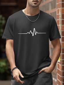 Men's Electrocardiogram Graphic Round Neck Casual Short Sleeve T-Shirt - Black - View 2