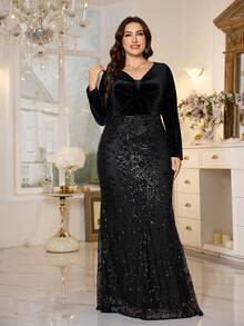 XUIBOL Đầm dạ hội dài tay dáng chữ A cổ chữ V đính sequin cỡ lớn, chất liệu nhung, thích hợp cho các dịp trang trọng, dự tiệc, đám cưới hoặc tiệc chiêu đãi. - màu đen - Xem 5