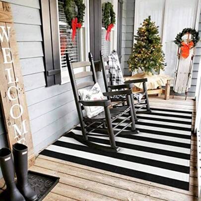 Seavish Black And White Striped Rug 5x7 Ft Living Room Rug Indoor Outdoor Patio Rugs Handmade Cotton Woven Farmhouse Washable Rug Large Modern Floor Carpet Area Rug For Entryway Porch Dining Room