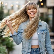 Women's Golden Brown Water Wave Wig With Bangs, Made Of High-Temperature Resistant Synthetic Material, Suitable For Everyday Wear, Holidays, And Party Outfits.