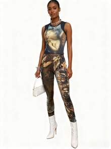 Ladies' Street Casual Tight Fitting Spicy Girl Retro Oil Painting Print Sleeveless Top And Pants Set Two-Piece Set - 黃色 - 查看 7