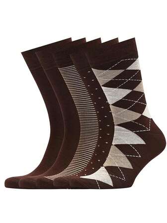 5 Pairs Men's Mid-Calf Socks, Stripe, Polka Dot, Diamond Pattern Design, Geometric Patterns In Khaki Color Scheme, High-Value, Breathable, Moisture-Wicking, Suitable For Sports, Casual, Street Style, Everyday Wear, Spring/Autumn