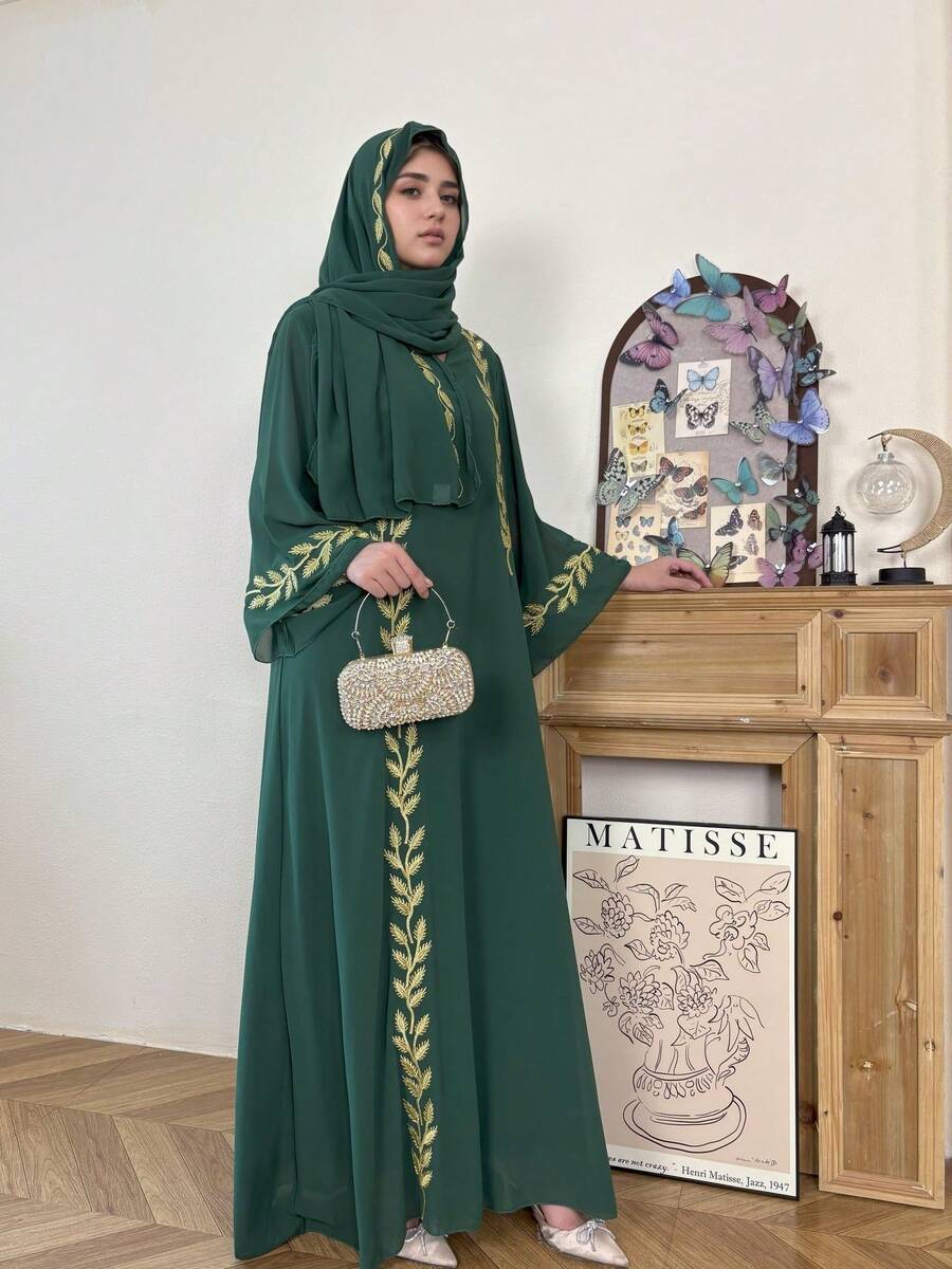 2pcs Set Elegant Gold Trim Embroidered Luxurious Chiffon Abaya Robe, Formal Casual Robe - Green - View 1