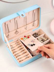1个旅行双层首饰盒，PU皮革首饰收纳盒，按扣式首饰整理盒，便携式旅行首饰展示盒，多隔层首饰收纳盒，可收纳戒指、吊坠、耳环、项链等，适合海滩、浴室、卧室等场所，是送给女性的时尚礼物、生日礼物、万圣节礼物、圣诞节礼物的理想之选。 - 彩色 - 查看 6