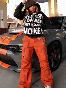 Harajuku Hoodies For Women Letter Foaming Print Hooded Sweatshirt Punk Full Zipper Jacket Y2k Oversized Hoodies Garbage Coat - 黑色 - 查看 4