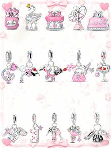 1PC Pink Cute Cat, Swan, Perfume Bottle, Cake, Heart-Shaped Pink Pony, Rose Gun, Lucky Bag, Lipstick Airplane Bag, Poker Star, Heart Ring Car, Scissors Bottle Wine Glass, Bouquet, High Heel Bag Wine Glass Charms, DIY Creative Bracelets, Necklaces, Wristbands And Other Jewelry, Suitable As Birthday Or Holiday Gifts For Women And Girls - Multicolor - View 1