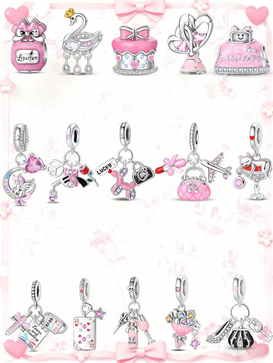 1PC Pink Cute Cat, Swan, Perfume Bottle, Cake, Heart-Shaped Pink Pony, Rose Gun, Lucky Bag, Lipstick Airplane Bag, Poker Star, Heart Ring Car, Scissors Bottle Wine Glass, Bouquet, High Heel Bag Wine Glass Charms, DIY Creative Bracelets, Necklaces, Wristbands And Other Jewelry, Suitable As Birthday Or Holiday Gifts For Women And Girls - Multicolor - View 1
