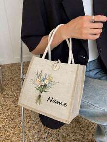 Customizable Linen Tote Bag, Personalized Name & Floral Wreath Pattern, Button Decor, Large Capacity Handbag, Foldable Travel Shopping Bag, Tote - Multicolor - View 2