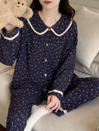 2pcs Women Pajama Set, Floral Print Crew Neck Long Sleeve Top And Floral Print Long Pants, Cute Cartoon Minimalist Style, Comfortable For Home & Leisure, Suitable For Spring, Autumn, Winter