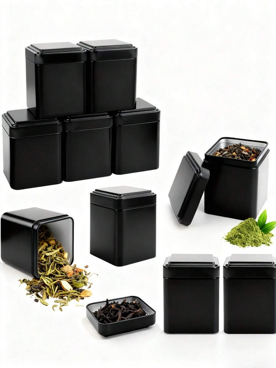 6pcs/Set Or 2pcs Classic Square Tea Tin Canisters, Size: 7 X 7 X 8.5cm, Black Metal Material, Suitable For Storing Tea, Coffee, Flour And Spices, Includes Rewritable Labels, Airtight Seal, Ideal For Kitchen And Pantry Organization - Black - View 1