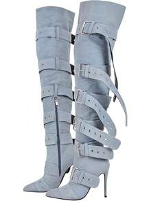 Multi Buckle Strap Over The Knee Pointed Toe Belts Stiletto Heeled Booty Thigh HighChristmas - Blue - View 8