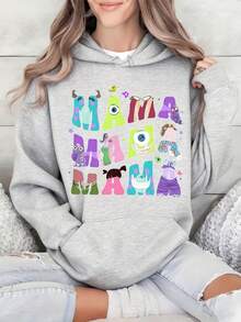 Disney Monsters University Mike And Sulley "Mom" Print Women's Hoodie - White Short-Sleeve Casual Top With Colorful Cartoon Character Design, Suitable For Gym, Outdoor Activities, And Everyday Wear (Dress Style) - Xám - Xem 1