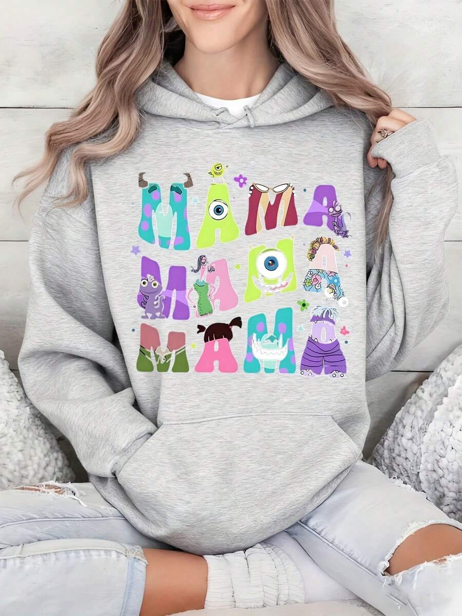 Disney Monsters University Mike And Sulley "Mom" Print Women's Hoodie - White Short-Sleeve Casual Top With Colorful Cartoon Character Design, Suitable For Gym, Outdoor Activities, And Everyday Wear (Dress Style) - Xám - Xem 1