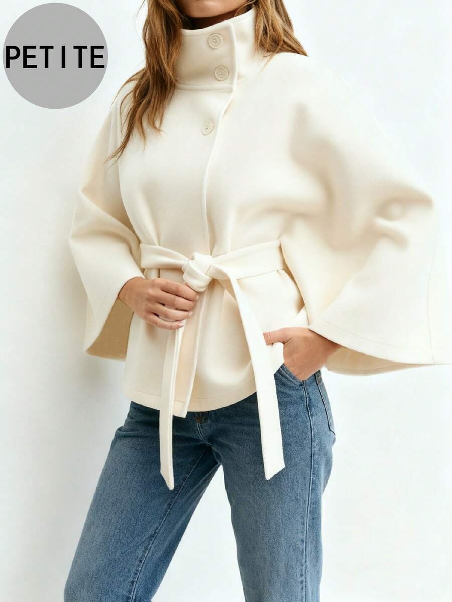 Petite Women's Elegant Solid Color Hooded Cape Short Jacket With Belt, Fashionable Outerwear For Outing And Party, Autumn/Winter - Apricot - View 1