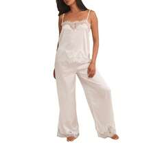 Satin-Like White Lace Paneled Cami Top + Wide-Leg Pants Set Women's Elegant Loungewear Pajama Set - Ngà voi - Xem 5