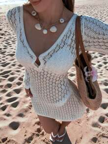 FOR BEAUTY 春夏新款针织连衣裙，休闲海滩度假装，纯色镂空优雅罩衫 - 米色 - 查看 2