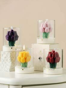 Vela perfumada en tarro de vidrio con ramo de tulipanes - Vela floral hecha a mano en taza, adecuada para decoración del hogar, cumpleaños, regalo de dama de honor, regalo romántico del Día de San Valentín - Multicolor - Ver 6